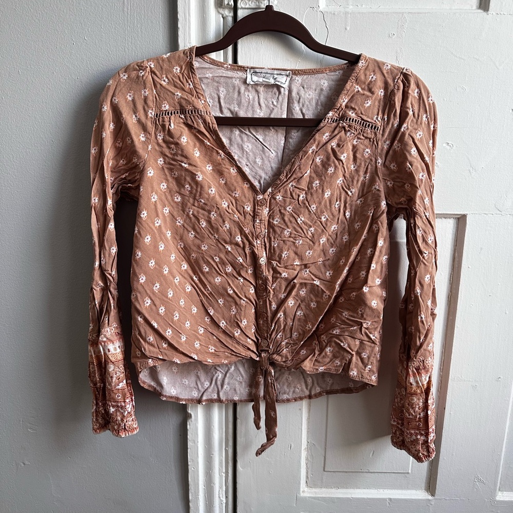 Hippie Rose Pink Cuffed Sleeve Tie Front Blouse